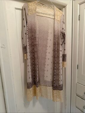 Boho Open Front Long Cardigan in Beige and Brown